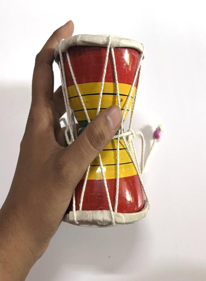 HuBBeR Traditional Indian Damru Hand Percussion Instrument, Handmade Musical Drum with Rope Design, Red and Yellow, Decorative Kids Toy (Large) - Image 4